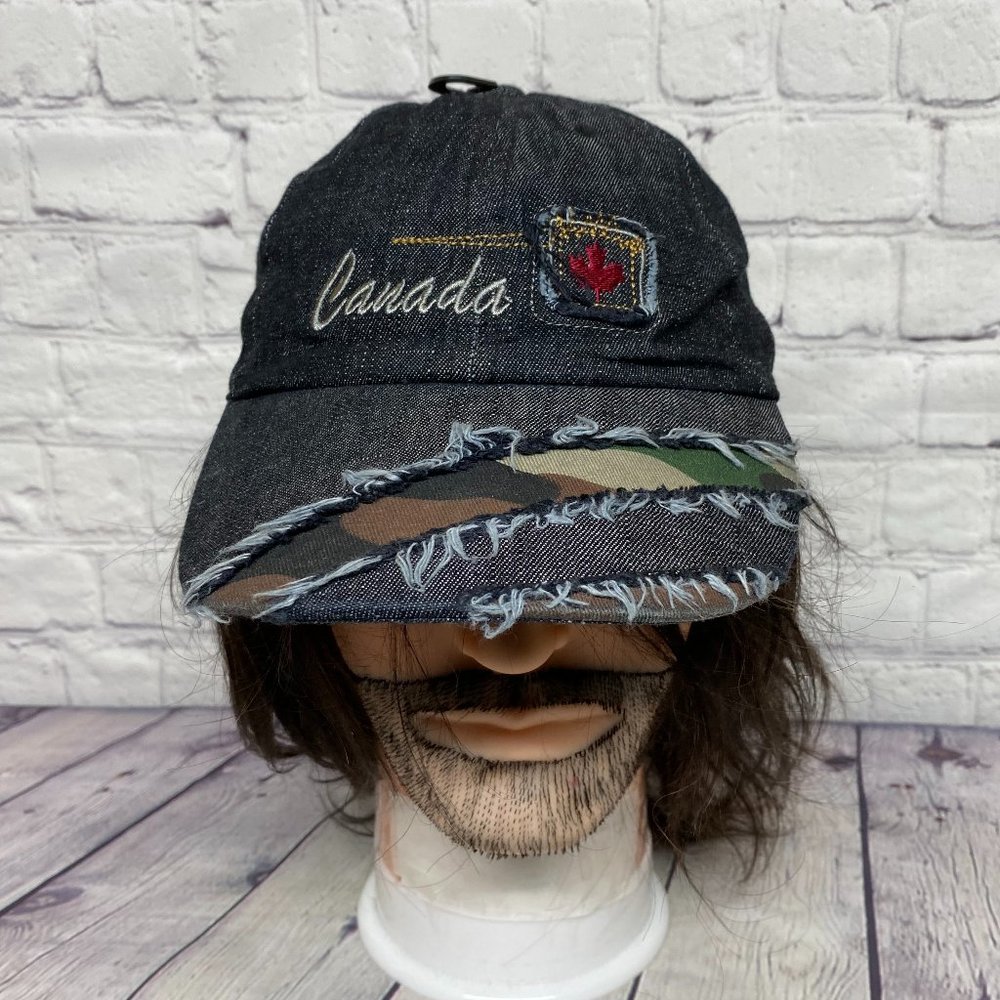 Distressed Camo Hat Cap Strap Back Black Light Denim Canada Embroidered Canadian